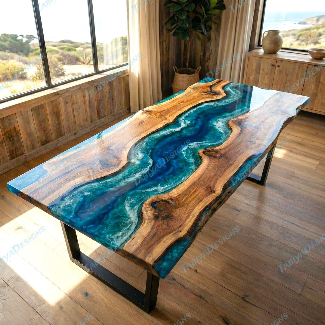 Luxury Blue Ocean Wave Epoxy Resin Wood Dining Table | Custom Handmade ...