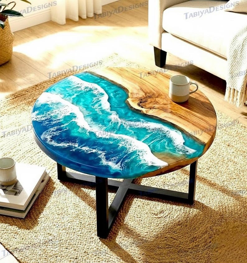 Blue Ocean Wave Epoxy Resin Wood Round Coffee Table | Handmade Center ...