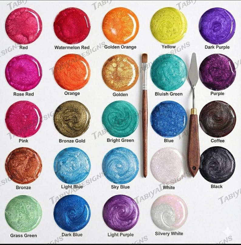 May include: A selection of 20 shimmering paint colours in various shades, including red, orange, yellow, green, blue, and purple, plus metallic hues. A paintbrush and palette knife are also shown.