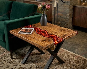 Luxury Lava Epoxy Resin End Table, Handmade Live Edge Wood Side Table, Modern Furniture