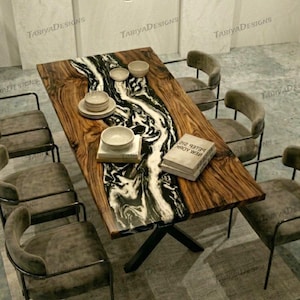 Modern Black White Epoxy Resin Handmade Wood Luxury Rectangular Dining Table