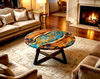 Mesa de centro redonda de madera de resina epoxi azul y dorada de lujo / Mesa de centro de diseño moderno