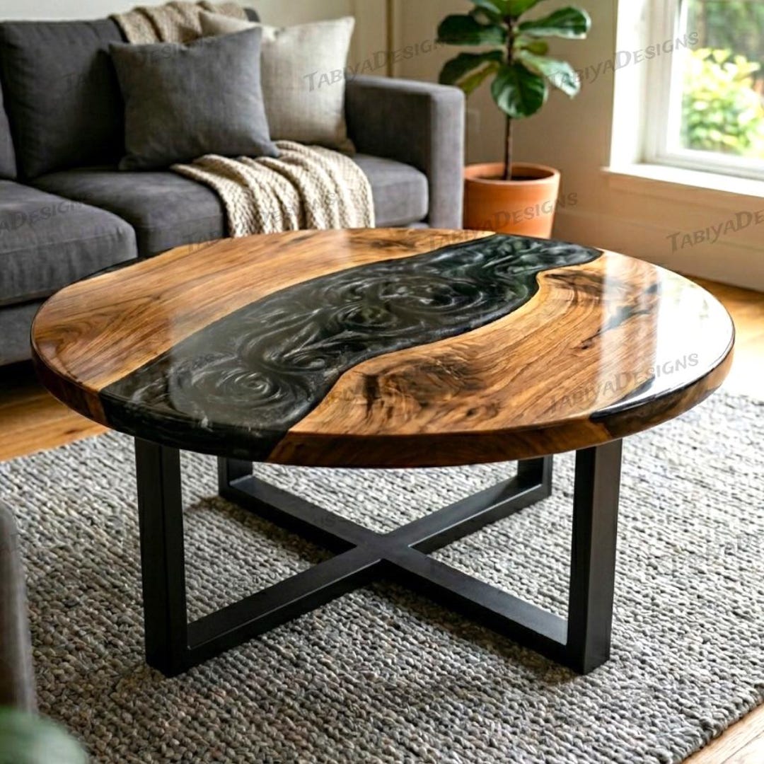 Black Epoxy Wood Coffee Table Round Custom Resin Furniture Minimalist ...
