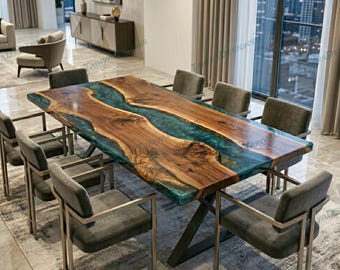 Natural Wood Epoxy River Dining Table, Metallic Green Resin Live Edge Furniture