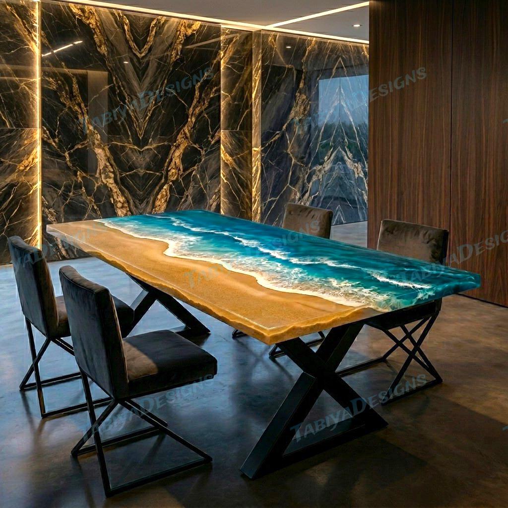 Epoxy Resin Ocean Dining Table, Beach Wave Wood Table, Handmade Coastal ...