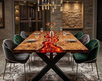 Luxury Lava Epoxy Resin Dining Table, Handmade Live Edge Wood Table, Custom Rustic Furniture