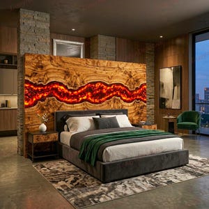 Molten Lava Epoxy Resin Headboard, Fire River Wood Bed Headboard