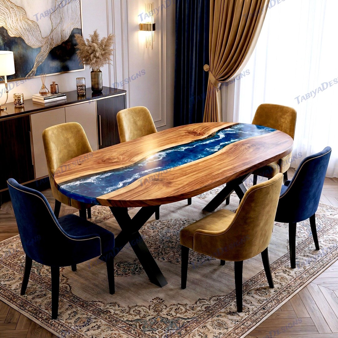 Custom Ocean Wave Epoxy Resin Oval Dining Table Solid Wood - Etsy