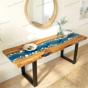 オーシャンブルーの樹脂製コンソールテーブル、木製エポキシ樹脂製玄関テーブル、海岸風玄関装飾