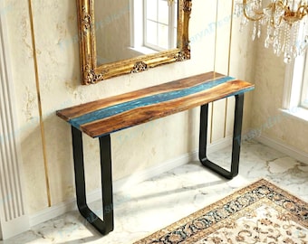 Metallic Blue Epoxy Resin & Solid Wood Console Table – Handmade Luxury Entryway Furniture