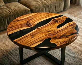 Mesa de centro moderna de resina epoxi negra, mesa redonda de madera y resina, muebles de lujo hechos a mano.