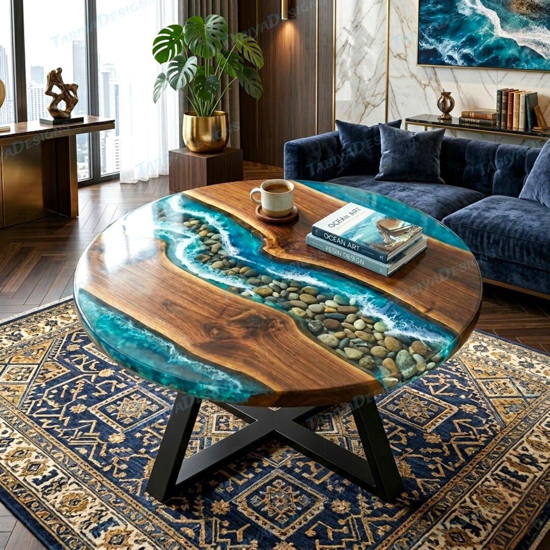 Ocean Wave Epoxy Coffee Table: Round Wood Resin With Stones Coastal ...