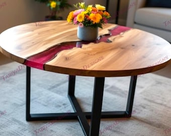 Mesa de centro de resina roja hecha a mano: mesa auxiliar redonda de madera