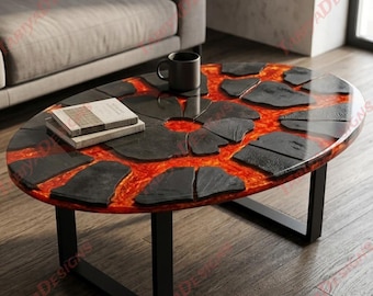 Burnt Wood Lava Resin Oval Table, Handmade Modern Dining Table, Unique Epoxy Resin Furniture, Luxury Living Room Table