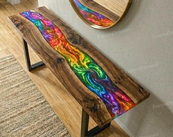 Multicolor Epoxy Resin Console Table Solid Wood River Unique Entryway Table Handmade