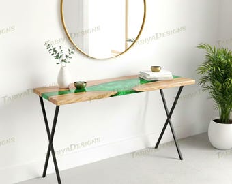 Green Metallic Epoxy Wood Console Table – Slim Entryway & Hallway Accent
