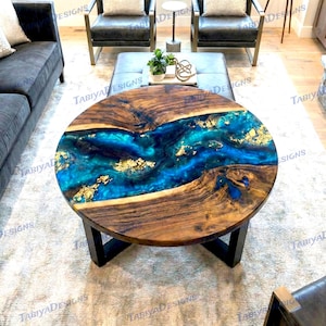 Blue Metallic Epoxy Resin Wood Coffee Table with Golden Foils | Handmade Luxury Center Table