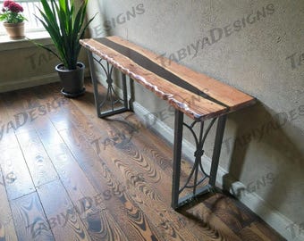 Handcrafted Live Edge Wood Epoxy Console Table, Narrow Entryway Hallway Sofa Back