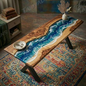 Blue Ocean Wave Entryway Table, Epoxy Resin Wood Console Table, Handmade Coastal Chic Furniture