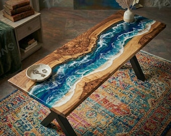 Tavolino da ingresso con motivo "Onda dell'Oceano Blu", consolle in legno e resina epossidica, mobile chic costiero fatto a mano.