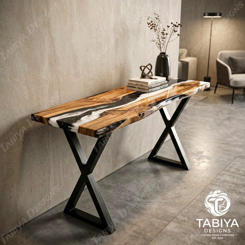 Handmade Black and White Live Edge Console Table, Modern Entryway ...