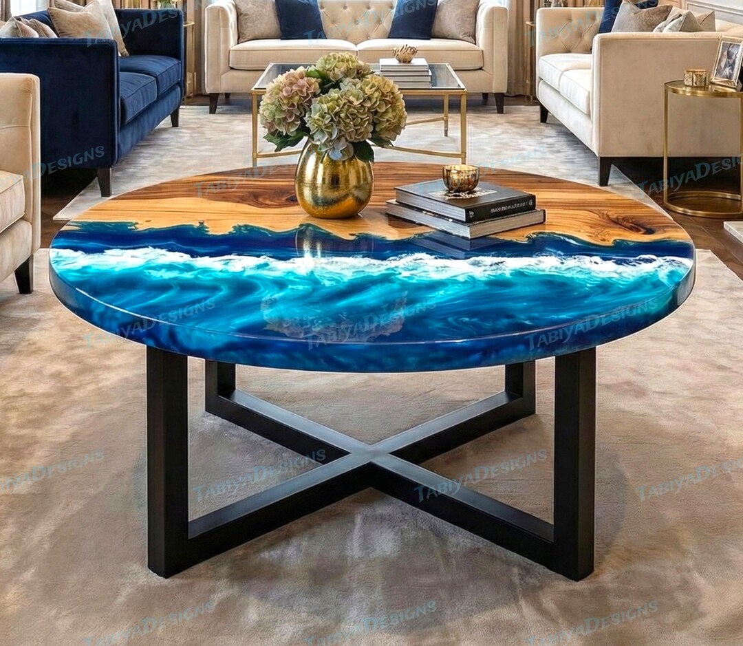 Blue Ocean Wave Epoxy Resin Wood Round Coffee Table | Handmade Center ...