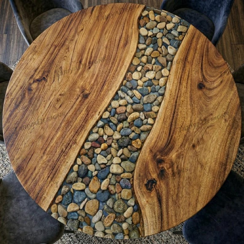 Epoxy Resin Dining Table With Natural Stone Inlay, Handmade Wood ...