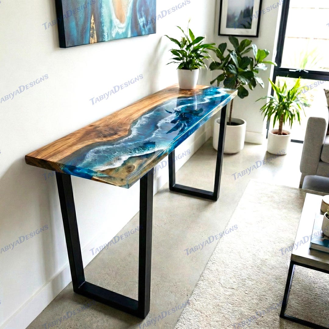 Handmade Blue Ocean Wave Epoxy Resin Wood Console Table | Sofa Back ...