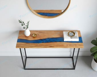 Handmade Blue Epoxy Resin Wood Console Table – Modern Entryway & Hallway Table
