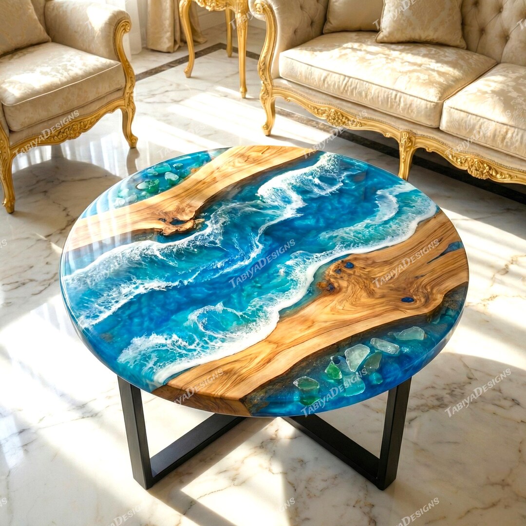 Ocean Wave Epoxy Resin Wood Round Coffee Table | Blue Sea Inspired ...