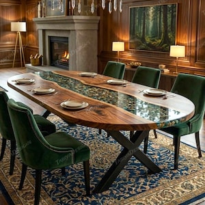 Mesa de comedor de resina epoxi, mesa de madera natural con diseño de río, muebles con esquinas redondeadas.
