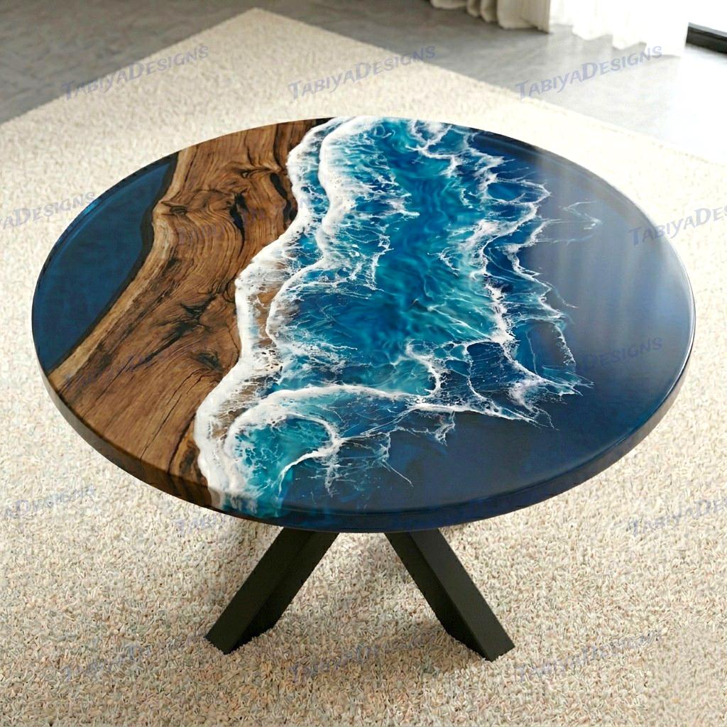 Round Ocean Epoxy Resin Coffee Table, Blue Wave Wood Table, Coastal ...