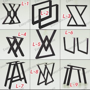 May include: Nine different designs of black metal table legs, labelled L-1 to L-9. The styles include X-shaped, square, and angled designs. The brand name "TABIYA DESIGNS" is visible on some of the legs.
