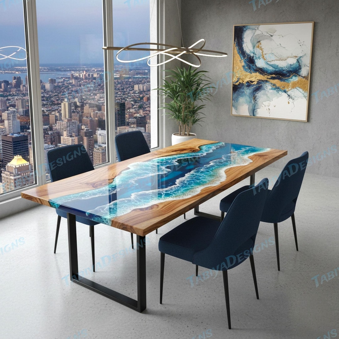 Ocean Blue Wave Epoxy Resin & Wood Rectangle Dining Table – Handmade ...