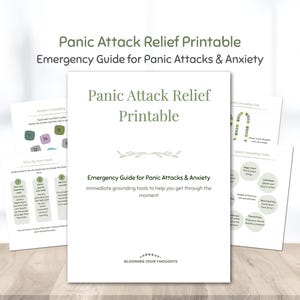 Puede incluir: Una colección de guías imprimibles para el alivio de los ataques de pánico y el manejo de la ansiedad. La guía principal se titula "Panic Attack Relief Printable" e incluye una "Emergency Guide for Panic Attacks & Anxiety".