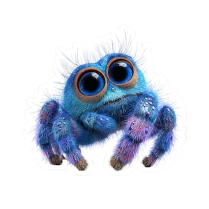 May include: A whimsical sticker featuring a cartoon spider with large, expressive eyes. The spider is primarily blue with purple and pink accents on its legs and body. The sticker has a fluffy, textured appearance.