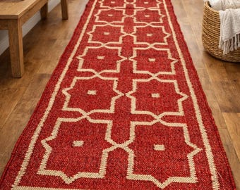 Rode geometrische loper, handgeweven wollen loper, Marokkaanse halloper, boho tribal tapijt, landelijke entree loper, lange smalle loper