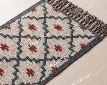 Southwestern Runner Rug, Handmade Boho Tribal Hallway Rug, Neutral Geometric Farmhouse Runner, Woven Entryway Carpet with Fringe, Navajo Rug