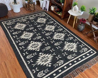 Black Area Rug, Tribal Geometric Rug, Boho Living Room Rug, Southwestern Rug, Handmade Flatweave Rug, Farmhouse Decor Rug, Custom Size Rug