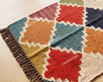 Colorful Geometric Rug, Boho Area Rug, Southwestern Tribal Carpet, Handmade Kilim Rug, Farmhouse Wool Jute Rug, Bedside Rug, Custom Size Rug