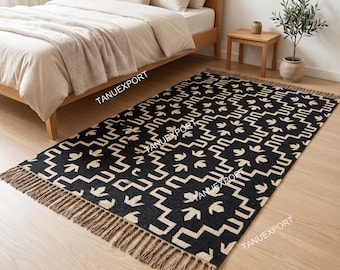 Black and White Tribal Rug, Handmade Boho Area Rug, Geometric Kilim Rug, Southwestern Woven Rug, Farmhouse Accent Rug, Rustic Rug,Accent Rug