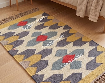 Handvävd kelimmatta i ulljute, tribal geometrisk boho hallmatta, stor jutematta, heminredningsmatta, stor jutematta