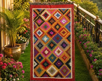 Handmade Colorful Geometric Wool Rug, Boho Kilim Area Rug, Moroccan Diamond Pattern Accent Carpet, Rustic Living Room Decor Fringe Floor Mat
