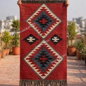 Boho Tribal Red Rug, Handmade Geometric Wool Rug, Southwestern Accent Rug, Small Area Rug, Bedroom Bedside Rug, Ethnic Woven Carpet,