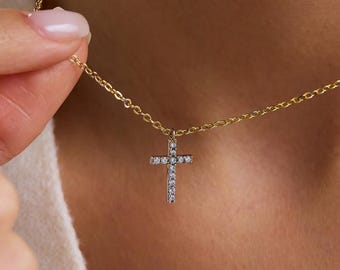 14K Gold Cross Necklace, Diamond Cross Pendant, Silver Cross Necklace, Baptism Gift, Communion Gift, Christian Jewelry, Christmas Gift