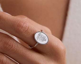 Dainty Birth Flower Signet Ring, Custom Initial Oval Ring, 14K Gold Filled Engraved Ring, Personalized Gift for Mom, Sterling Silver Ring