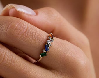 Gold Birthstone Ring, Thanksgiving Gift, Baguette Ring, Multi-Stone Ring, Birthstone Jewelry, Personalized Ring, Personalized Gifts for Mom