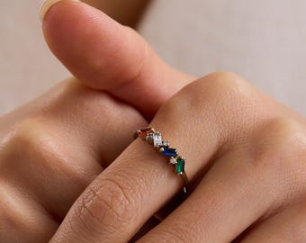 Gold Birthstone Ring, Thanksgiving Gift, Baguette Ring, Multi-Stone Ring, Birthstone Jewelry, Personalized Ring, Personalized Gifts for Mom