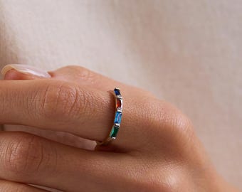 Baguette Birthstone Ring, Custom Stackable Gemstone Ring, Perfect for Everyday, Personalized Gifts for Mom, Baby Shower Gift, Christmas Gift