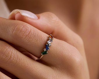 Multi Birthstone Ring, Custom Family Jewelry Band, Colorful Gemstone Ring, Mothers Day Gift, Minimal Gold Silver Rose Gold Stackable Ring